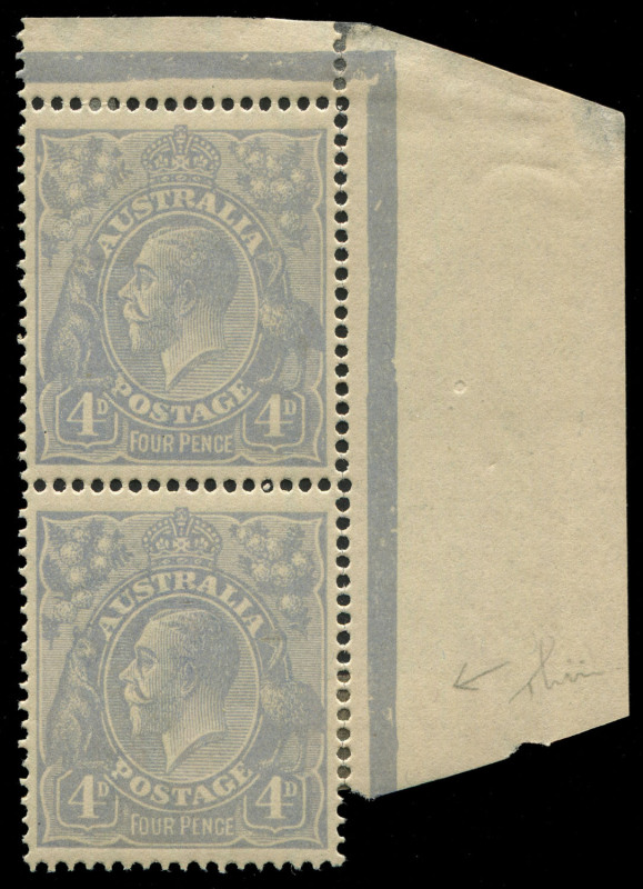 AUSTRALIA: KGV Heads - Single Watermark: 4d Pale Milky Blue Cooke Plates upper-right corner pair from the right pane with varieties "White spot in King's hair" & "Thin FOUR PENCE retouch [2R6 & 2R12], perf reinforcement between lower unit and margin, wel