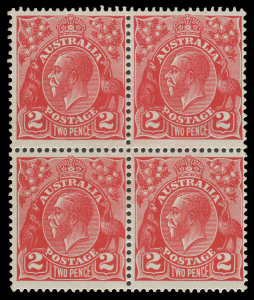 AUSTRALIA: KGV Heads - Small Multiple Watermark Perf 13½ x 12½: 2d Scarlet Die III with No Watermark BW:102aa (SG.99ab) block of (4), the upper units aMLH, the lower units MUH, Cat $20000+ (£5200++ mounted). Ex Greg Manning International Rarities Auction (1980). Michael Drury Certificate (2015). The ACSC states "The largest pieces now surviving are believed to be blocks of 4".