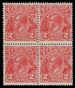 AUSTRALIA: KGV Heads - Small Multiple Watermark Perf 13½ x 12½: 2d Scarlet Die III with No Watermark BW:102aa (SG.99ab) block of (4), the upper units aMLH, the lower units MUH, Cat $20000+ (£5200++ mounted). Ex Greg Manning International Rarities Auction
