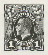 AUSTRALIA: KGV Essays & Proofs: PERKINS BACON DIE PROOFS: State 1a (Scratched Die) die proof as State 1 with a Very Fine White Diagonal Scratch from the Kangaroo's Paws to the Emu's Feet on highly glazed thin card (94x125mm) with no endorsements or cache - 2