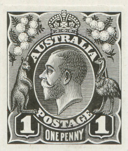 AUSTRALIA: KGV Essays & Proofs: PERKINS BACON DIE PROOFS: State 2 with King's Head on a Line Background, King's nose improved and the hair lightened, on highly glazed thin card (125x94mm) without endorsements on the face, vertical crease well clear of th