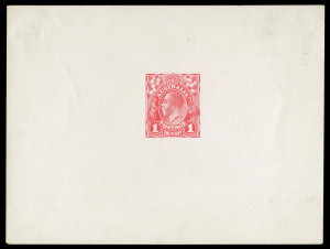AUSTRALIA: KGV Essays & Proofs: PERKINS BACON DIE PROOFS: State 2 die proof with a field of horizontal lines behind the King's head, in bright red on highly glazed thin card (125x94mm) with no endorsements on the face but endorsed in pencil on reverse "2