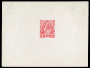 AUSTRALIA: KGV Essays & Proofs: PERKINS BACON DIE PROOFS: State 2 die proof with a field of horizontal lines behind the King's head, in bright red on highly glazed thin card (125x94mm) with no endorsements on the face but endorsed in pencil on reverse "2nd state of die proof". BW:70(DP)12Bb, Cat.$15000. Only 4 known! Ex Perkins Bacon Archives.
