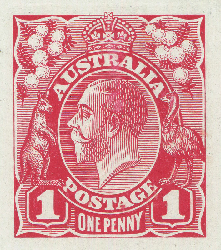 AUSTRALIA: KGV Essays & Proofs: PERKINS BACON DIE PROOFS: State 2 in carmine-rose on highly glazed thin card (126x95mm), endorsed at upper-right "State 2/SB" (fthe initials of Seymour Bennett) and at lower-right "Second state", on reverse "PERKINS BACON