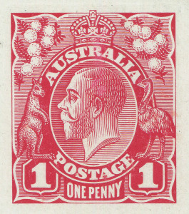 AUSTRALIA: KGV Essays & Proofs: PERKINS BACON DIE PROOFS: State 2 in carmine-rose on highly glazed thin card (126x95mm), endorsed at upper-right "State 2/SB" (fthe initials of Seymour Bennett) and at lower-right "Second state", on reverse "PERKINS BACON 