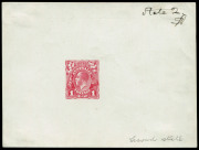 AUSTRALIA: KGV Essays & Proofs: PERKINS BACON DIE PROOFS: State 2 in carmine-rose on highly glazed thin card (126x95mm), endorsed at upper-right "State 2/SB" (fthe initials of Seymour Bennett) and at lower-right "Second state", on reverse "PERKINS BACON - 2