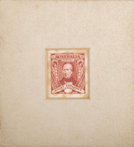 AUSTRALIA: Other Pre-Decimals: 1930 Sturt Die Proof with blank value tablet in the issued colour for the 1½d on wove paper BW #139DP(1) recessed in a thick card mount (83x90mm), label with printed 'DESIGNED DRAWN and ENGRAVED/at the/COMMONWEALTH BANK OF AUSTRALIA/NOTE and STAMP PRINTING BRANCH/FITZROY, VICTORIA/JOHN ASH, STAMP PRINTER/7TH MARCH