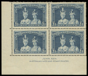 AUSTRALIA: Other Pre-Decimals: 1937-49 (SG.176-178) 5/- to £1 Robes Thick Paper Ash Imprint blocks of 4, faint colour transfer on gum of 5/- upper units; all blocks with lower units MUH, upper units Mint. (12)