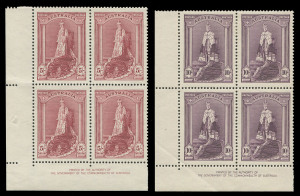 AUSTRALIA: Other Pre-Decimals: 1937-49 Robes Thick paper issue: 5/- & 10/- Authority Imprint blocks of 4 MUH/MLH plus the set of 3 singles to £1 MUH. (11).