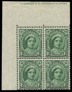 AUSTRALIA: Other Pre-Decimals: 1942-50 (SG.204) Wmk Multiple Crown/CofA 1½d green Queen Elizabeth upper-left corner block of 4 with "Misplacement of large part of the Authority imprint (upper line partially guillotined) from adjoining pane into the upper