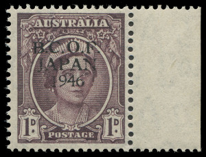 AUSTRALIA: BCOF Japan: 1946-47 1d Queen Elizabeth with "Proof overprint in black" BW:J2PP(2)A marginal example, very fresh MUH, Cat $350.