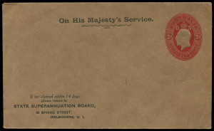 AUSTRALIA: Postal Stationery: Envelopes - Official: 1930-33 Official 2d Red KGV Oval Embossed with 'OS' in Die for State Superannuation Board, Melbourne. BW:EO19, fine unused, Cat.$400.