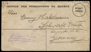 AUSTRALIA: Postal Stationery: Envelopes - Military: WWI PRISONERS OF WAR: Envelope with printed "POST/FREE" within a double circle and "SENDER'S NAME, COMPANY AND MESS" printed on flap Emery:PSPE.2, sent from Liverpool Camp to Germany with "PASSED BY CEN