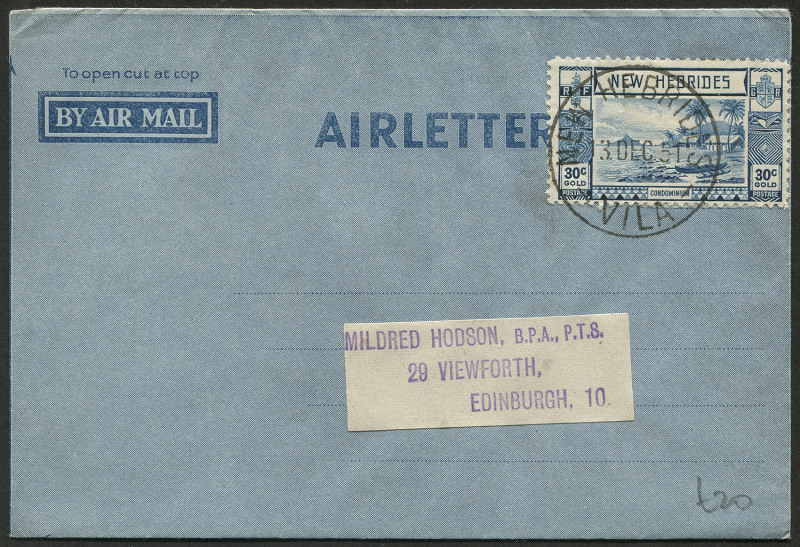 AUSTRALIA: Postal Stationery: Aerogrammes: Dec.1951 use of Territories Formular Aerogramme BW:FA1E in New Hebrides with 30c Gold Currency tied by "NEW HEBRIDES/3DEC51/VILA" datestamp, addressed to Scotland.