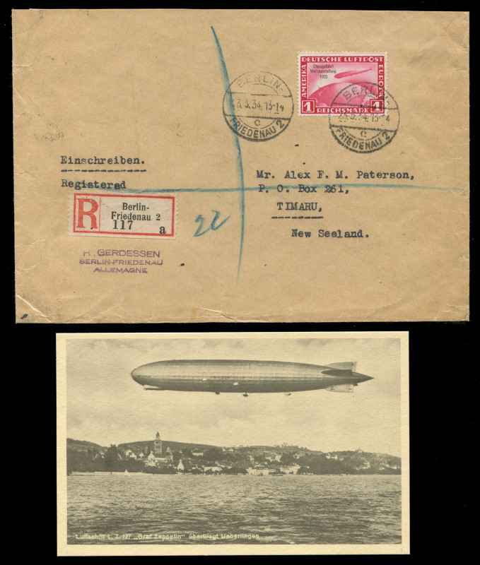 GERMANY - Aerophilately & Flight Covers: March 1934 registered cover to TIMARU, New Zealand with Zeppelin 'Chicagofahrt/Weltaustellung/1933' overprint 1Mk red Mi.496 tied by 'BERLIN/23.3.34/FRIEDENAU 2' d/s and R label alongside, partial Italian 'AMBULA