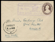 INDIA - Aerophilately & Flight Covers: 14 Feb.1927 Karachi - Delhi flight, 1a. postal stationery envelope with violet "AIR MAILS INDIA/By Light Aeroplane/with Messrs. Stack & Leete". Cancellation, on reverse "ROYAL AIR FORCE DISPLAY 1927" d.s. (18.2); v