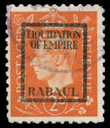 NEW GUINEA: PROPAGANDA FORGERY: G.B.1944 KGVI 2d orange forgery overprinted 'LIQUIDATION/OF EMPIRE/RABAUL' with part-strike of "London Special Stamp" bogus cancel in violet. Seldom offered. [Produced by inmates at the Sachsenhausen Concentration Camp for