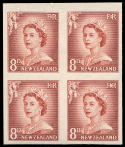 NEW ZEALAND: Plate Proofs: 1955-59 (SG.749 & 751) QEII Large Figures 4d blue and 8d chestnut (issued colours) imperforate plate proof blocks of 4 on thick card. (8)