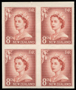 NEW ZEALAND: Plate Proofs: 1955-59 (SG.749 & 751) QEII Large Figures 4d blue and 8d chestnut (issued colours) imperforate plate proof blocks of 4 on thick card. (8)