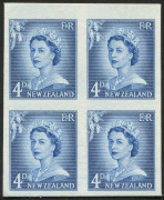 NEW ZEALAND: Plate Proofs: 1955-59 (SG.749 & 751) QEII Large Figures 4d blue and 8d chestnut (issued colours) imperforate plate proof blocks of 4 on thick card. (8) - 2