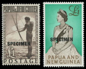 PAPUA NEW GUINEA: 1952-65 Overprinted 'SPECIMEN' group comprising 1952 10/- Map & £1 Fisherman MUH, 1963 10/- Rabaul & £1 QEII MVLH, 1964 10/- Bird MUH. Desirable group. (5).