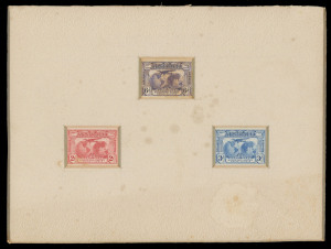 AUSTRALIA: Other Pre-Decimals: 1931 Kingsford Smith Imperforate Die proofs of the 2d 3d & 6d stamps in the issued colours on wove paper recessed in a single thick card mount (200x150mm) with bevelled edges BW:141-143DP(2), minor damp spots on the mount, 