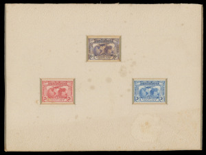 AUSTRALIA: Other Pre-Decimals: 1931 Kingsford Smith Imperforate Die proofs of the 2d 3d & 6d stamps in the issued colours on wove paper recessed in a single thick card mount (200x150mm) with bevelled edges BW:141-143DP(2), minor damp spots on the mount, the 3d proof is superb; the 2d & 6d are affected by light staining. Cat. $60,000. Unique! Ex Sir Harry Brown. The ACSC states these are the only finished die proofs for this series.