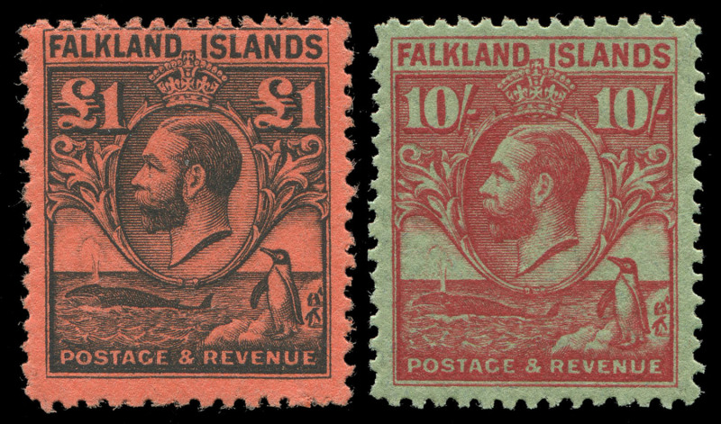 Falkland Islands: KGV DEFINITIVES mint comprising 1912-20 values to 3/-; 1921-28 values to 3/- and the 1929-36 (SG.116-126) ½d - £1 Whale & Penguin set. Cat.£1045+. (21 stamps).