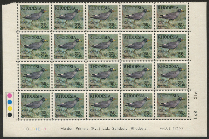 REST OF THE WORLD - Thematics: Birds: Rhodesia 1971 (SG.459-64) 2c to 25c Birds set in Mardon imprint blocks of 20 with "traffic lights" in left margins, including  7½c Bee-eater "Double Tail" variety, fresh MUH. Sought-after bird thematics. (120)