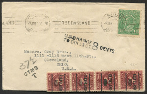 KGV Heads - Single Watermark: 1926 (Jan.9) usage of 1½d Green KGV on an underpaid Burns Philp cover to USA, the adhesive tied by CAIRNS machine cancel, tax handstamps applied on arrival with 2c Dues strip of 4 pre-cancelled "CLEVELAND/OHIO" added, fine c