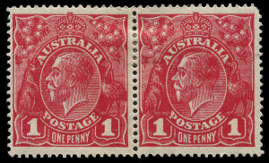 KGV Heads - Large Multiple Watermark: 1d Carmine (aniline) Harrison Printings G107 horizontal pair, right-hand unit with variety "RA of AUSTRALIA joined" [VII/60], nibbed corner perf, fine mint, BW:74D(4)j - Cat.$700+.