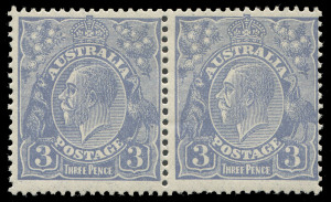 KGV Heads - Small Multiple Watermark Perf 13½ x 12½: 3d Blue KGV, horizontal pair (2) being Types B+A, both with minor flaws in the wattles at left and right respectively. MVLH. BW:107c - $275+. Centred right; fresh.