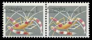 Australia: Decimal Issues: 1973-79 (SG.545) 1c Banded Coral Shrimp, horizontal pair (2), each unit with error "Black (Inscription) Misplaced" BW. 635ce, fresh MUH.