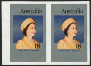 Australia: Decimal Issues: 1977 (SG.645) 18c Silver Jubilee, horizontal pair (2), COMPLETELY IMPERFORATE, MUH. BW:765b - $200. Superb condition.