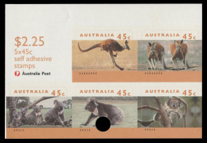 Australia: Decimal Issues: 1994-97 (SG.1459b variety) 45c Kangaroos and Koalas sheetlet of 5 units with punch-hole incorrectly placed at bottom of sheetlet. BW:1752b. MUH.