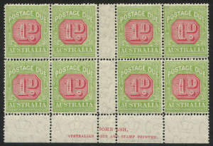 Australia: Postage Dues: 1931-36 (SG.D100) 1d carmine & yellow-green, Ash Imprint blk.(8), N over A with varieties "Broken left frame of value tablet" [RP9/1] and "Left frame of value tablet buckled" [RP10/1], MUH.