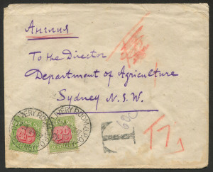 Australia: Postage Dues: 1937 (Jan.29) inwards cover from Russia to "Department of Agriculture" (Sydney) with Russian 1k Postal Service tied to the reverse side by Karkov (Ukraine) datestamp, taxed on arrival with 4d & 3d added tied by "DELIVERY ROOM G.P