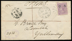 NEW SOUTH WALES - Postal History: 1886 (Sept.3) Stock Office (Molong) OHMS registered cover to Yullundry with overprinted 'OS' 6d mauve tied by Rays '15' cancel with MOLONG datestamp alongside, manuscript registration marking, and with YULLUNDRY arrival 