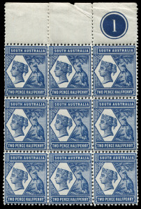 SOUTH AUSTRALIA: 1894-1906 (SG.237) Tannenberg 2½d indigo Queen and Kangaroo, Perf. 13  Plate "1"marginal block of (9) MUH.