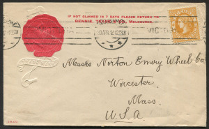 VICTORIA - Postal History: 1912 (April 30) Bennie Teare & Co cover to USA with 3d dull orange-buff SG.420b tied by MELBOURNE machine cancel, on reverse all-over advertising for Twist Grill Grinders, very fine condition. Lovely item.