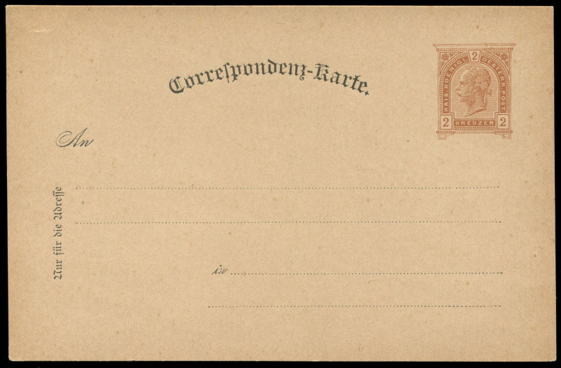 AUSTRIA: POSTAL STATIONERY: 1890 (Mi.P74) 2Kr pale brown, Franz Joseph postal card PROOF, with single line "Correspondenz - Karte" in an arc. Superb condition.