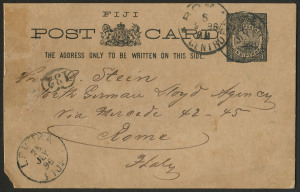 FIJI - Postal History: 1896 (July 22) use of 1d Postal Card to Italy with 'LEVUKA/25/JLY/96' cds, on the reverse 'KAISERLICH DEUTSCHES KONSULAT/(ARMS)/IN LEVUKA FIJI' cachet in blue, Rome arrival datestamp, card with short corner. Scarce origin/destinati