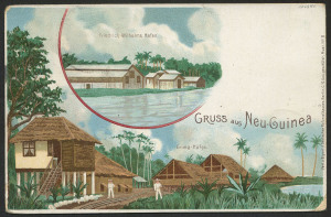 NEW GUINEA - German (Deutsch) New Guinea: May 1898 use of 10pf Postal Card overprinted 'Deutsch-Neu-Guinea' with artistic views headed "Gruss aus Neu-Guinea", used to Berlin with very fine strike of Powell Type 26 BERLINHAFEN "22/5/98" datestamp (Rated C), fine Berlin arrival datestamp.
