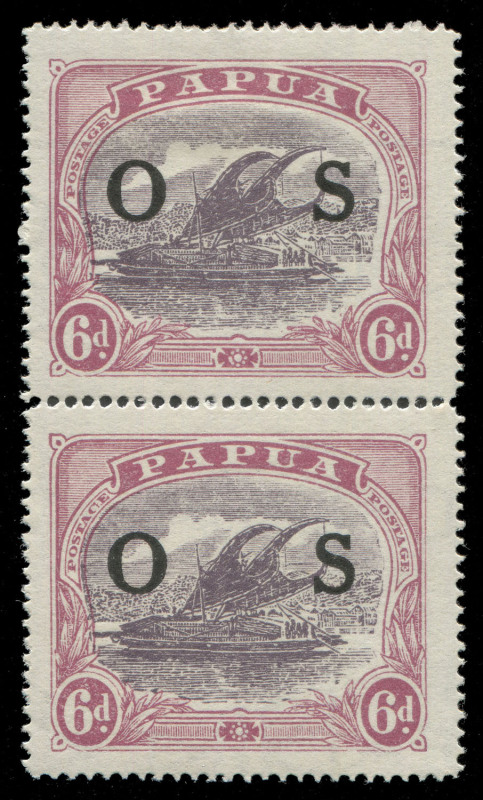 PAPUA: OFFICIALS: 1931-32 (SG.O62, O62a) 6d Lakatoi OS Overprinted vertical pair, the lower unit (MUH) with "POSTACE at left" variety. The upper unit Mint. (2). Cat.�170++.