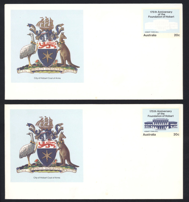 AUSTRALIA: Postal Stationery: Envelopes: Unused decimal PSEs with missing colours comprising 1979 20c Foundation of Hobart "Missing deep blue on stamp" (Hobart Town Hall), 1991 43c World Council of Churches (2, one with FDC cancel) both "Missing cream co
