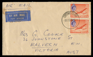 CHRISTMAS ISLAND: 1956 (Dec.5) airmail cover to Australia with Singapore 25c Aircraft pair tied by superb strike of Malay-type 'CHRISTMAS ISLAND' datestamp; also two 1974 commercial covers to Australia with 10c frankings tied by large (43mm) double-ring 