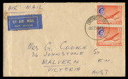 CHRISTMAS ISLAND: 1956 (Dec.5) airmail cover to Australia with Singapore 25c Aircraft pair tied by superb strike of Malay-type 'CHRISTMAS ISLAND' datestamp; also two 1974 commercial covers to Australia with 10c frankings tied by large (43mm) double-ring