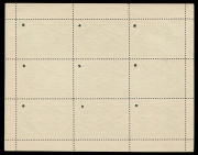 INDIA: BAHAWALPUR: REVENUES: Court Fees 10r perforated sheetlet of 9 in deep green on ungummed unwatermarked paper, each unit with 'WATERLOW & SONS LIMITED/SPECIMEN' overprint & small security punch at lower-left. Gorgeous! - 2