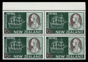 NEW ZEALAND: 1969 (SG.907-9) Bicentenary of Captain Cook's Landing in New Zealand 6c, 18c & 28c marginal blocks of 4 each with "Embossed head of Queen widely misplaced" (as seen from reverse), all fresh MUH, CP. S123a(Z), S124a(Z) & S125a(Z) - Cat NZ$116