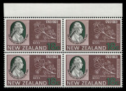 NEW ZEALAND: 1969 (SG.907-9) Bicentenary of Captain Cook's Landing in New Zealand 6c, 18c & 28c marginal blocks of 4 each with "Embossed head of Queen widely misplaced" (as seen from reverse), all fresh MUH, CP. S123a(Z), S124a(Z) & S125a(Z) - Cat NZ$116 - 2